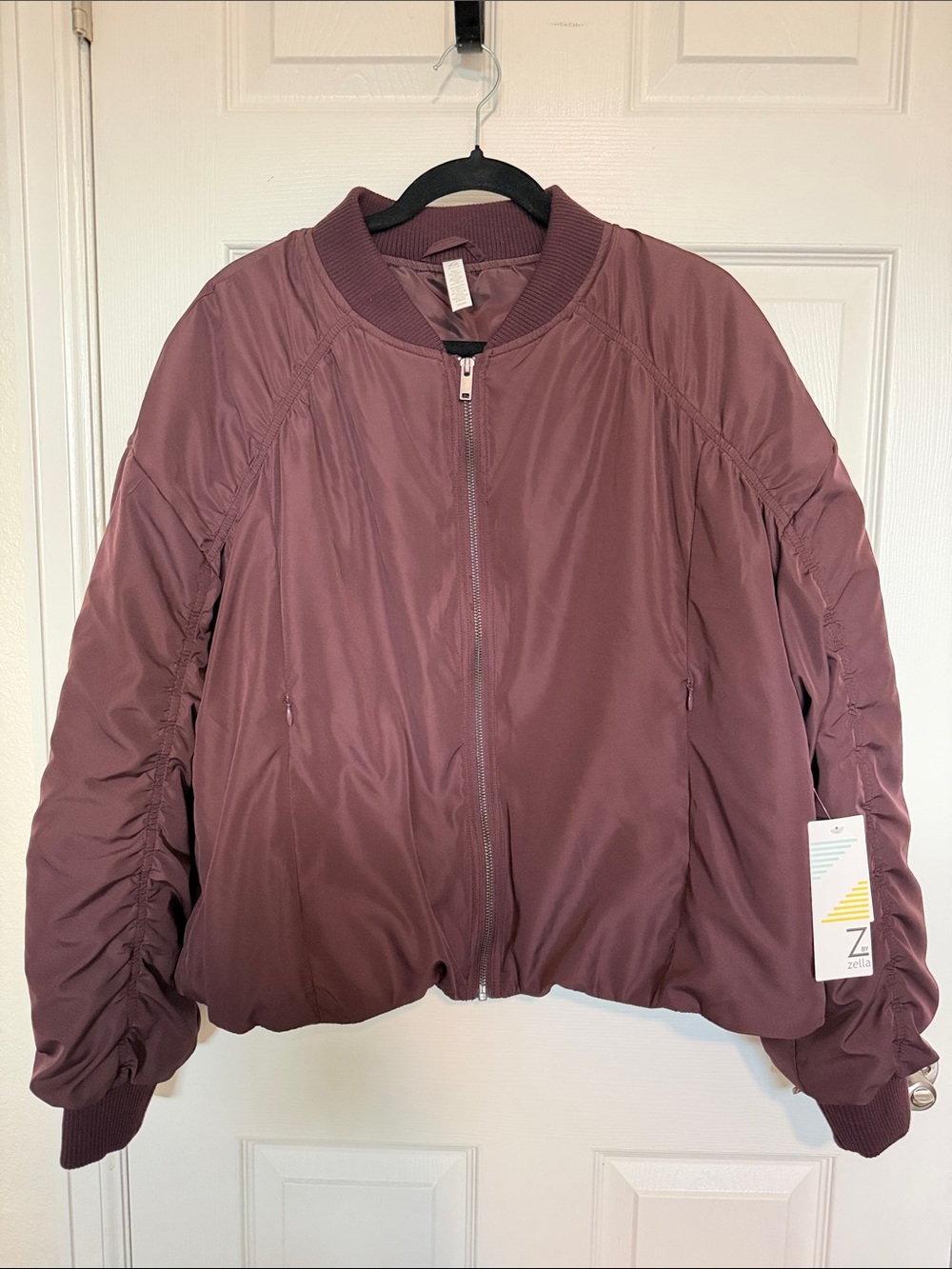 Zella Burgundy Fudge Ruched-Sleeve Bomber Jacket